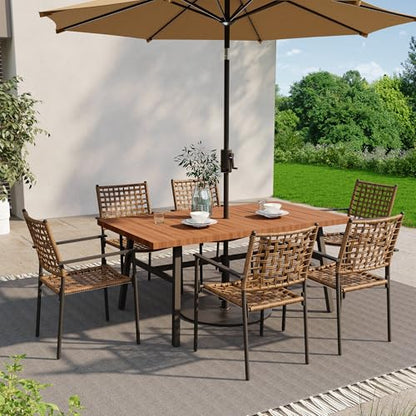 LAUSAINT HOME Outdoor Patio Dining Set 7 Pieces, Outdoor Rattan Dining Table and Chairs Set with Metal Table and Umbrella Hole, Patio Furniture Sets for Garden Backyard Deck Balcony