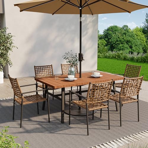 LAUSAINT HOME Outdoor Patio Dining Set 7 Pieces, Outdoor Rattan Dining Table and Chairs Set with Metal Table and Umbrella Hole, Patio Furniture Sets for Garden Backyard Deck Balcony