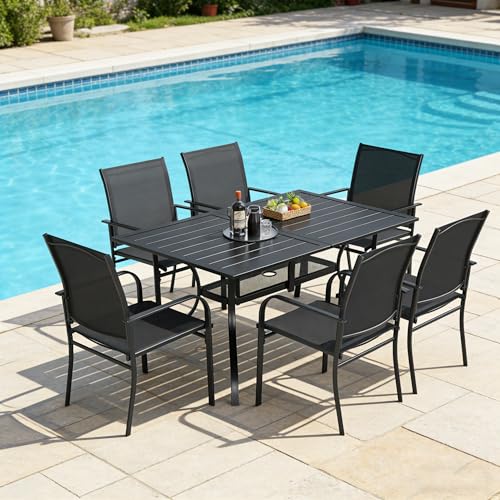 SUNCROWN 7 - Piece Outdoor Dining Set, Patio Furniture Set with 6 x Textilene Dinning Chairs and 1 Steel Slat Metal Bistro Table for Lawn Garden Backyard Deck, Black