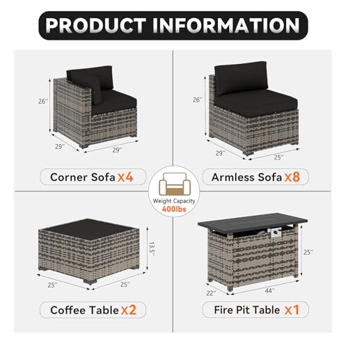 Aoxun Patio Furniture Sets, 15-Piece Outdoor Patio Furniture with 44'' Propane Gas Firepit Table, Wicker Outdoor Conversation Set Sectional Sofa for Backyard, Poolside