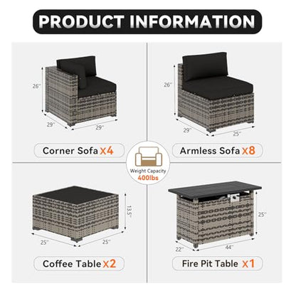 Aoxun Patio Furniture Sets, 15-Piece Outdoor Patio Furniture with 44'' Propane Gas Firepit Table, Wicker Outdoor Conversation Set Sectional Sofa for Backyard, Poolside