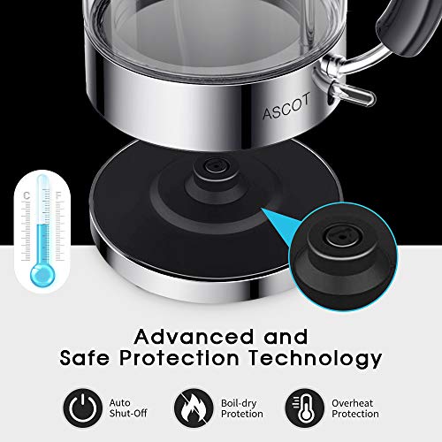 ASCOT Glass Electric Kettle, 1.5L Borosilicate Glass, 1500W, Silver