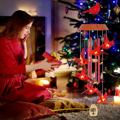Solar Wind Chimes for Outside, Memorial Cardinal Wind Chimes, 35" LED Windchimes Outdoors Christmas Birthday Cardinal Gifts for Women Mom Grandma Home Garden Decor