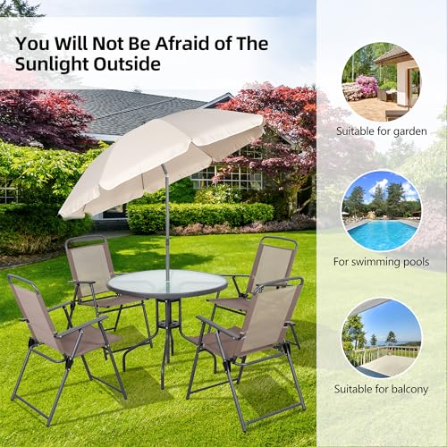 Vongrasig 6 Pieces Folding Patio Dining Set, All Weather Small Metal Outdoor Table and Chairs Set, Patio Furniture Set w/Umbrella, Glass Table & 4 Folding Chairs for Garden, Lawn, Backyard, Brown
