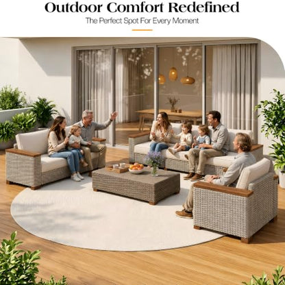 PaPaJet 6-Piece Wicker Patio Furniture Set with Solid Wood Armrest, Outdoor Patio Set with Thick Legs, UV-Resistant Modular Outdoor Sectional Sofa for Backyard, Porch, Garden