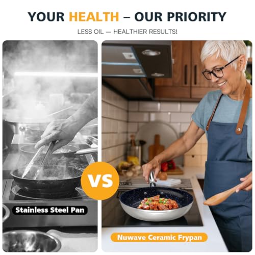 Nuwave 3-Piece 8”, 10”, 12” Forged Lightweight Frying Pan Set, G10 Healthy Duralon Blue Ceramic Ultra Non-Stick, Ergonomic Stay-Cool Handles, Induction-Ready & Works on All Cooktops