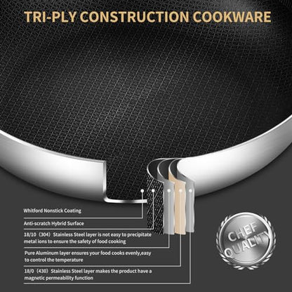 Yeksum Tri-Ply Stainless Steel 5 Quarts Saute Pan, 12.5 Inch Nonstick Skillet with lids, Hybird Large Frying Pan,18/10 Chef's Cooking Pan, Induction Pan, Dishwasher and Oven Safe