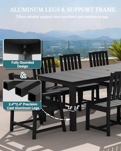 LOUNZY 9 Pieces Patio Dining Sets,Outdoor HDPE Furniture Set for 8 w/ 2" Hole Cut-Out Dining Table with 8 Patio Chairs(2 W/Armrest, 6 w/o Armrest),Black
