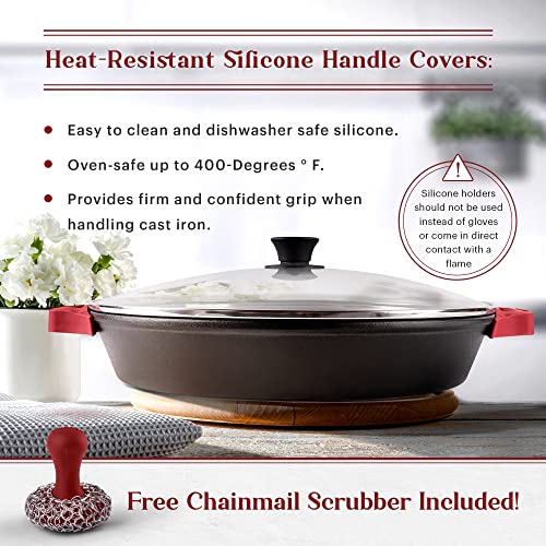 Cuisinel Cast Iron Skillet + Glass Lid + Red Chainmail Scrubber - 15"-Inch Dual Handle Braiser Frying Pan + Silicone Handle Covers - Pre-Seasoned Oven Cookware - Indoor/Outdoor. PFAS and PFOA-free