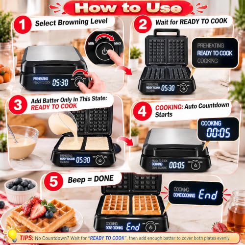 Waffle Maker, 8 Browning Levels Smart LED Digital Timer, Audible Ready Beep