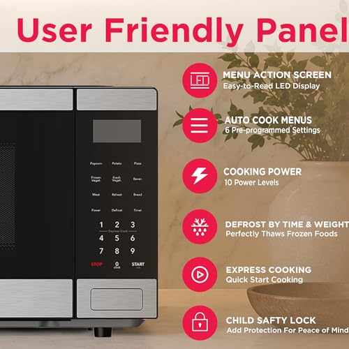 Frigidaire 0.9 CU. FT. Microwave, Digital Control Panel - Auto Cooking Settings - Child Safety Lock - Stainless Steel