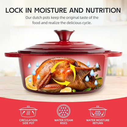 4 Quart Dutch Oven Enameled Cast Iron with Lid - Big Dual Handles - Oven Safe up to 500°F - Classic Round Pot for Versatile Cooking Red