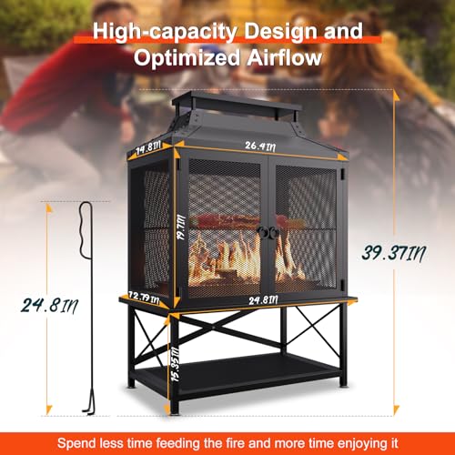 VELUVIA Metal Outdoor Fireplace for Patio - 39" H Square Chiminea Fire Pits Outside Wood Burning with Grill, Mesh Spark Screen & Fire Poker, for Garden, Backyard, Party, Camping, Picnic, BBQ, Bonfire
