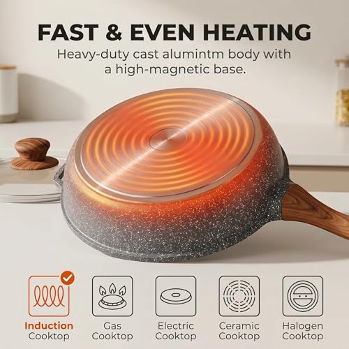 YASHE 12 Inch Nonstick Saute Pan with Glass Lid, 5 QT Large Deep Skillet & Frying Pan, Healthy Granite Stone Cookware for Family, One Pan Replaces Five, Induction Compatible, PFOA Free