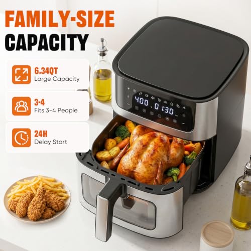 KMFurnila Air Fryer 6.34 QT, Airfryer with Viewing Window and 8 Presets