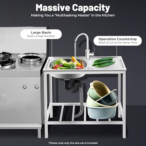 KWCWB Utility Sink,Outdoor Sink,Free Standing Stainless Steel Laundry Tub,with Cleaning Table&Storage Shelves for Garage, Restaurant, Kitchen,Camping, Backyard