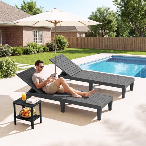 Outdoor Chaise Lounges, Patio Lounge Chair, Black Wood Grain, Set of 2