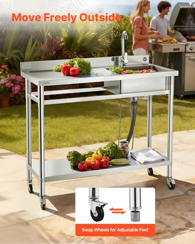 VEVOR Stainless Steel Utility Sink, Rolling Single Bowl Commercial Kitchen Sink with Wheels,Faucet and Hot & Cold Water Pipe,Utility Basin Workbench for Garage Restaurant Laundry 47.2 x 19.7 x 41.5 in