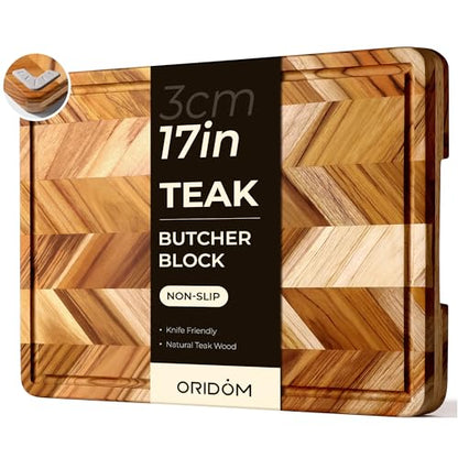 oridom Teak Wood Cutting Board for Kitchen Large End Grain Heavy Duty Checkered Wooden Cutting Board Non Toxic Herringbone Charcuterie Butcher Block Non Slip Hardwood Chopping with Juice Groove Handle