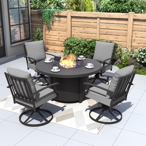Kurapika 5 Piece Metal Outdoor Patio Furniture Set with Round Fire Pit Table, Patio Conversation Sets 4 Swivel Chairs with Thick Cushion and 40000 BTU Fire Pit Table, Gray
