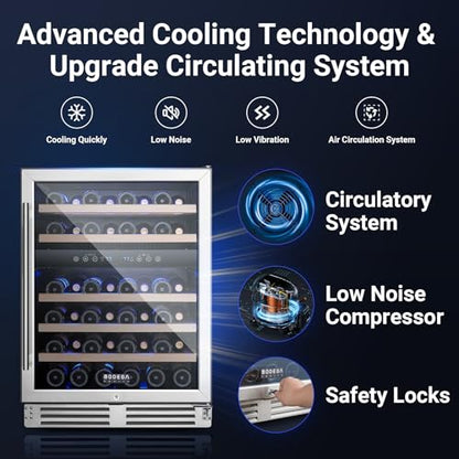 BODEGA 24 Inch Wine Cooler, Wine cooler refrigerator with Double-Layer Glass Door, Dual Zone Wine Fridge with Digital Temperature Control and Temperature Memory, 46 Bottles wine coolers for home.