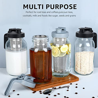 Cold Brew Mason Coffee Maker - 64oz Iced Coffee Pitcher with Stainless Steel Mixing Spoon & Super Dense Filter 3 Steps Finish Cold Brew Coffee, Classic BPA Free Sturdy Mason jar Pitcher Easy to Clean