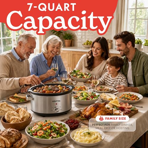 Gourmia Slow Cooker - 7 Quart Removable Ceramic Pot, Manual Controls with 3 Temperature Settings, Dishwasher Safe Crock and Glass Lid, Stainless Steel