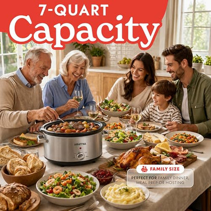Gourmia Slow Cooker - 7 Quart Removable Ceramic Pot, Manual Controls with 3 Temperature Settings, Dishwasher Safe Crock and Glass Lid, Stainless Steel