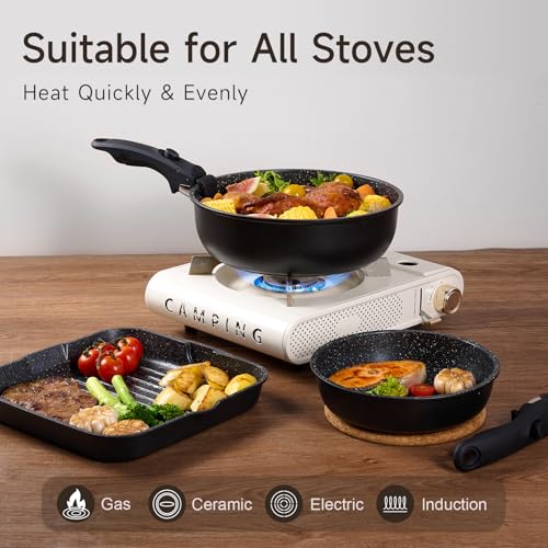 JEETEE Cookware Set (6 Essential Pots & 19 Accessories), Nonstick Pots and Pans with Detachable Handle for Induction Cooking, RV Kitchen Space Saving, PFAS Free, Black