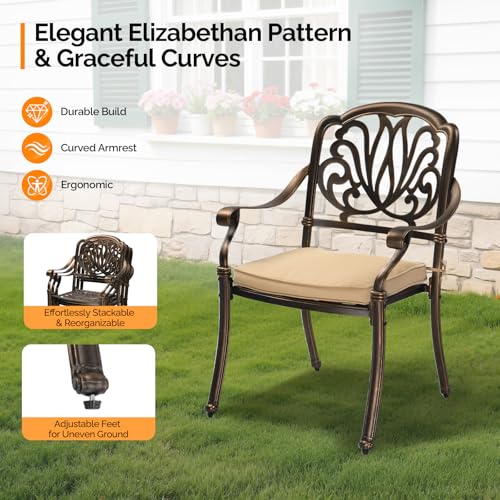 VINGLI 7 Pieces Outdoor Dining Set, Cast Aluminium All-Weather Patio Dining Set for 6 with Umbrella Hole, Outdoor Dining Table and Chairs with Cushion for Yard, Garden, Porch and Poolside, Bronze