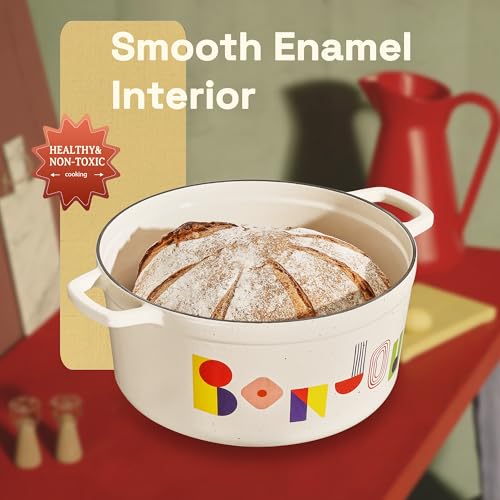 CAROTE 5QT Cast Iron Dutch Oven Pot with Lid, Enameled Floral Dutch Ovens with Gift Box, Versatile Heavy-Duty Cookware for Sourdough Bread Baking, Braising, Stews, Roasting, Healthy & Non-Toxic, All Stovetop Compatible, Oven Safe up to 500° F, Bonjour