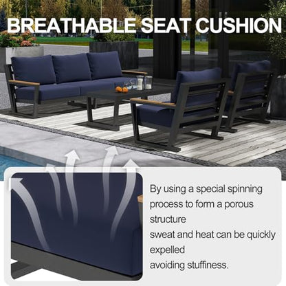 Aluminum Outdoor Patio Furniture Set with Coffee Table,4 Piece Patio Conversation Sets with Washable Thick Cushions, Outdoor Sectional Furniture Set for Porch, Balcony, Deck, Yard, Blue
