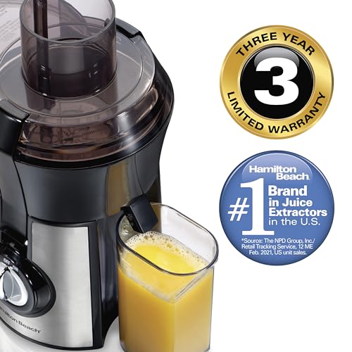 Hamilton Beach Juicer Machine, Big Mouth 3” Feed Chute for Whole Fruits and Vegetables, Easy to Clean, Centrifugal Extractor, Vegetable & Fruit Juicer, BPA Free, 800W Motor, Stainless Steel