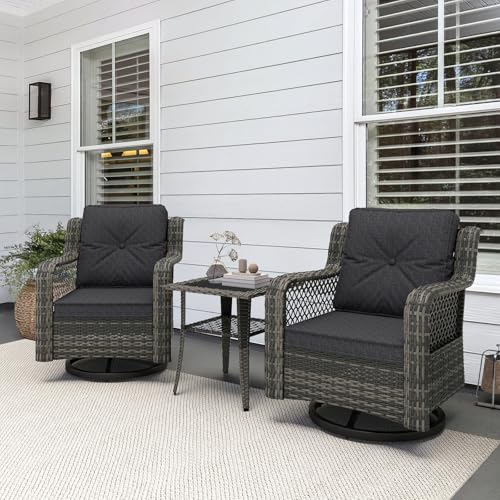 Mvpipi Patio Bistro Sets 3 Pieces with 360° Swivel Chairs Set of 2 - Outdoor Patio Furniture Set with PE Wicker Chairs and Side Table, Patio Conversation Sets for Porch, Garden, Balcony, Dark Gray