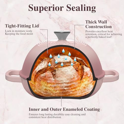 Cast Iron Dutch Oven Pot with Lid, Round Bread Oven for Sourdough Bread Baking, Umite Chef Enameled Cast Iron Bread Oven with Dome Lid & Cotton Potholders for Sourdough, Pink, 6 Quarts