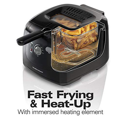 Hamilton Beach Cool Touch Electric Deep Fryer with Basket and Lid, 2 Liters / 8 Cups Oil Capacity, Adjustable Temperature, 1500 Watts for Fast Heat-up, viewing Window Easy to Clean, Black (35021)