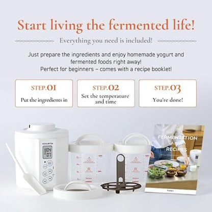 [TANICA] YOGURTiA Yogurt Maker & Fermented Food Machine – Precise Temperature Control (1°F/1°C Increments) for Consistent Results, 77-158°F (25-70°C), 100-240V, Made in Japan, 2 Glass Pots, Timer