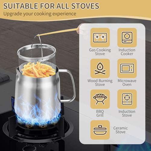 119oz 304 Stainless Steel Deep Fryer Pot with Basket & Strainer, Large Capacity Bacon Grease Container for Kitchen,Frying, Cooking, Camping,Oil Filter Container - Dishwasher Safe (119oz/3.5L/3.7Qt)
