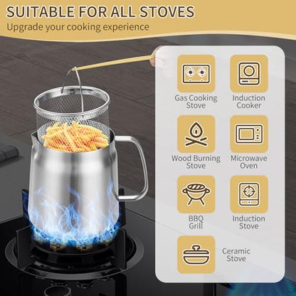 119oz 304 Stainless Steel Deep Fryer Pot with Basket & Strainer, Large Capacity Bacon Grease Container for Kitchen,Frying, Cooking, Camping,Oil Filter Container - Dishwasher Safe (119oz/3.5L/3.7Qt)