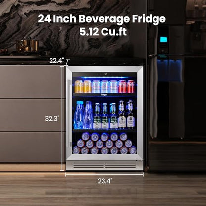 Yeego 24 Inch Beverage Refrigerator – 180 Can Built-In Under Counter Drink Fridge with Glass Door, 34–54°F Cooling for Beer, Soda & Wine (Right-Hinged)