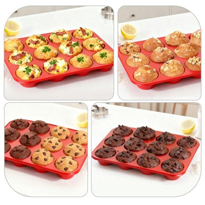 Silicone Muffin Pan for Baking: 12 Cup Muffin Pan with Metal Reinforced Frame, Regular Size Cupcake Egg Bites Molds for Baking, BPA Free Silicone Muffin Tray, Dishwasher Safe (1 Pack, Red)