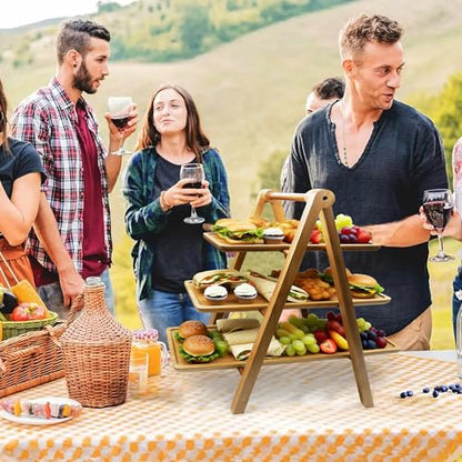 WARMKEY Acacia Wood 3 Tier Foldable Serving Tray – Rectangular Farmhouse Stand for Charcuterie Board, Cupcake, Dessert, Party Wedding Decor, Small Flower Pot Display, Easy Storage