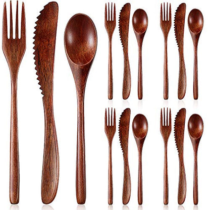 Wooden Cutlery Set For Dinner, Kitchen Flatware Tableware Utensil Set Includes Spoon, Fork, Knife (12 Pieces)