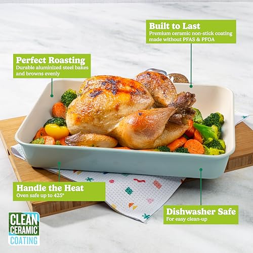 Tasty Clean Ceramic 14-Inch x 10-Inch Roasting Pan, Durable Aluminized Steel for Professional Results, Clean Ceramic Nonstick Coating, Oven Safe to 425°F, Dishwasher Safe, Aqua