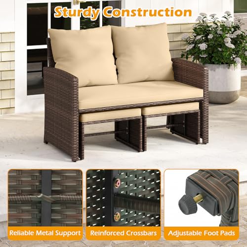 Tangkula Outdoor Loveseat with 2 Ottomans, 3 Pieces Patio PE Wicker Furniture Set with Cushions, Outside Rattan Conversation Set for Balcony, Garden and Backyard (Brown)