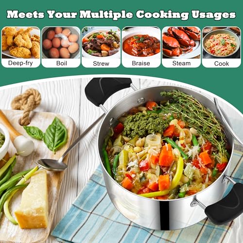 6 Quart 3-Ply Cooking Stock Pot with Lid, P&P CHEF Stainless Steel Large Pot for Pasta Soup, Work on Multi Stove, Heavy Duty & Dishwasher Safe, Dual Heat-resistant Handles & Transparent Glass Lid
