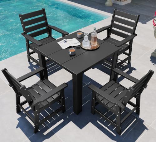 GREENVINES 5-piece Patio Dining Set, HDPE Square Table & 4 Chairs, Black