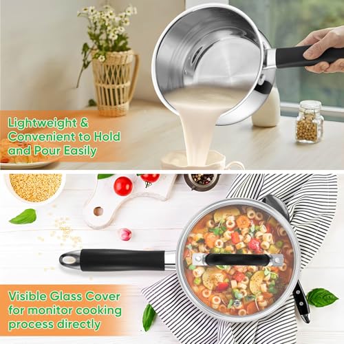 P&P CHEF 3 Quart Sauce Pan with Lid, Stainless Steel Saucepan, Small Milk Pot for Multipurpose Cooking, Visible Glass Lid & Stay-cool Silicone Handle & Tri-Ply Base, For All Stoves & Dishwasher Use