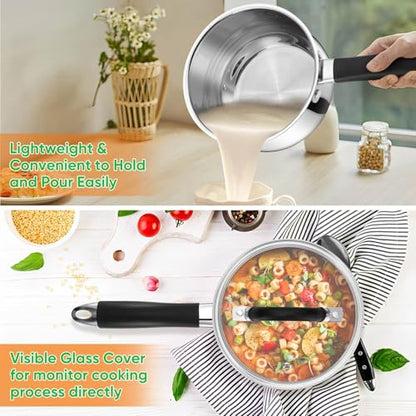 P&P CHEF 3 Quart Sauce Pan with Lid, Stainless Steel Saucepan, Small Milk Pot for Multipurpose Cooking, Visible Glass Lid & Stay-cool Silicone Handle & Tri-Ply Base, For All Stoves & Dishwasher Use