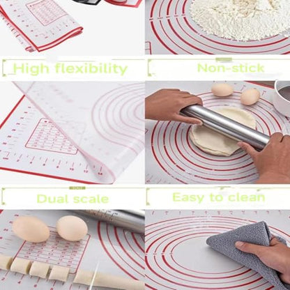 Rolling Pin with Adjustable Thickness Rings and Silicone Baking Pastry Mat Set for Baking,Stainless Steel Dough Roller,Baking Supplies for Cookie Fondant Pizza Cake Pasta(Red)